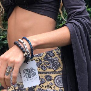 Gemini bracelet Lava Rock Beaded stones with silver Wolf